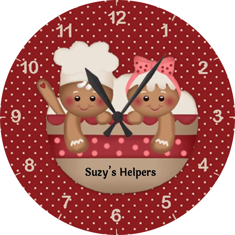 Cute boy and girl gingerbread chefs holding cooking tools on this Burgundy and white polka dot round personalized wall clock