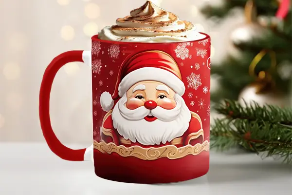 Vizons Design Christmas Tree scene customizable Christmas mug gifts sitting on a gray decorated table