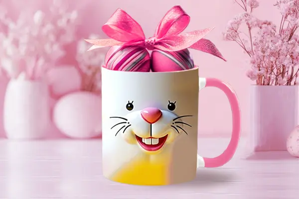 Easter mug made with a bunny face sitting on a white countertop and pink flowers in background