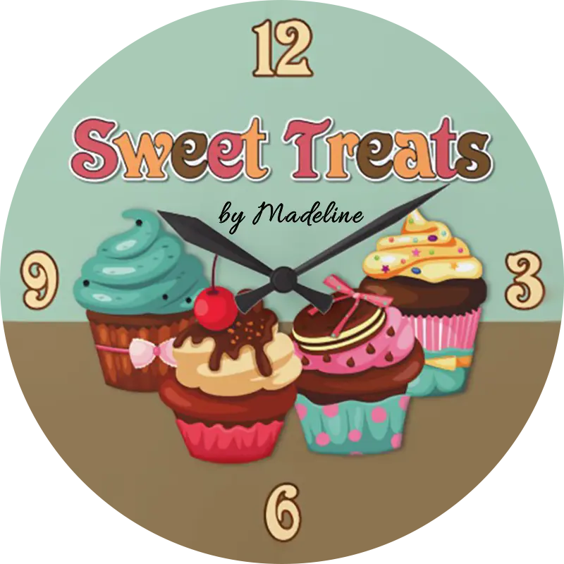 Customizable Wall Clock gift with 4 delicious cupcakes sweet treats colorful text on a two-tone background